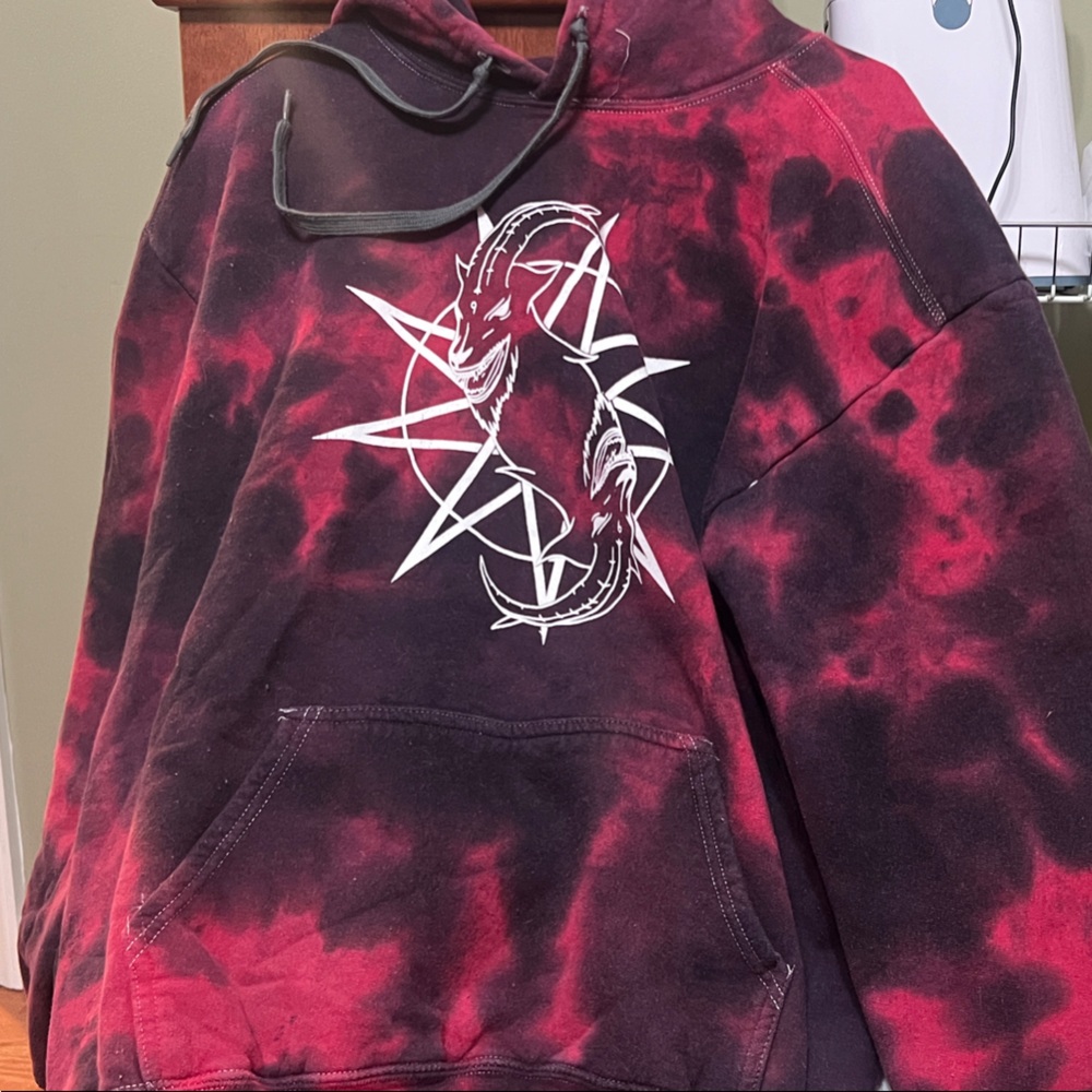 Red and Black Tie-Dye Hoodie with Graphic